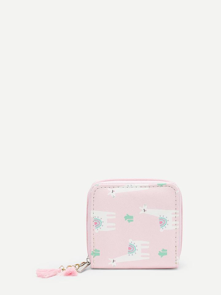 Romwe Tassel Detail Alpaca Cartoon Print Pu Wallet