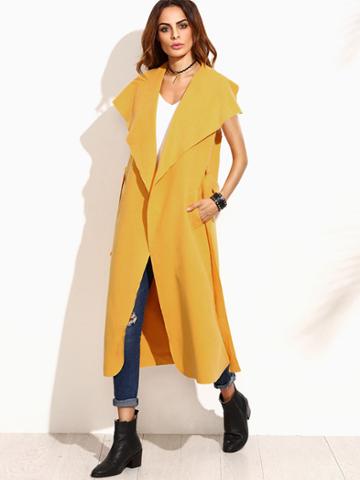 Romwe Yellow Drape Collar Sleeveless Wrap Coat