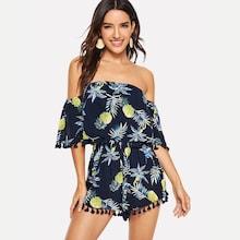Romwe Fringe Tropic Print Playsuit