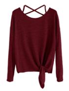 Romwe Burgundy Drop Shoulder Criss Cross Tie Front T-shirt