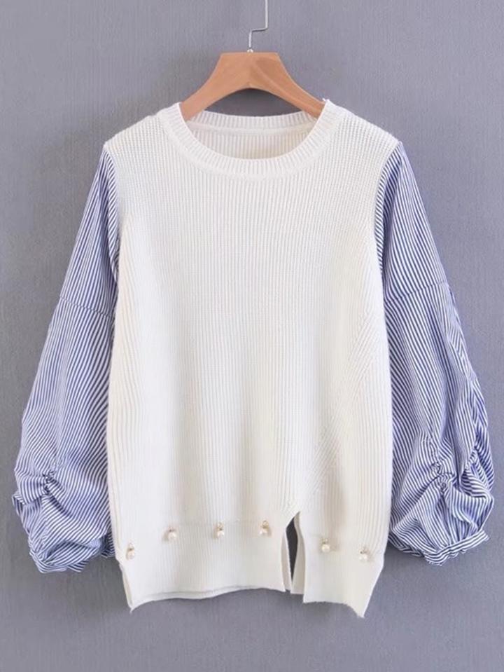 Romwe Faux Pearl Detail Striped Sleeve 2 In 1 Sweater