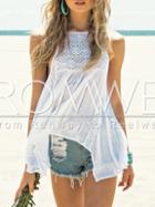 Romwe White Spaghetti Strap Backless Crochet Lace Cami Top