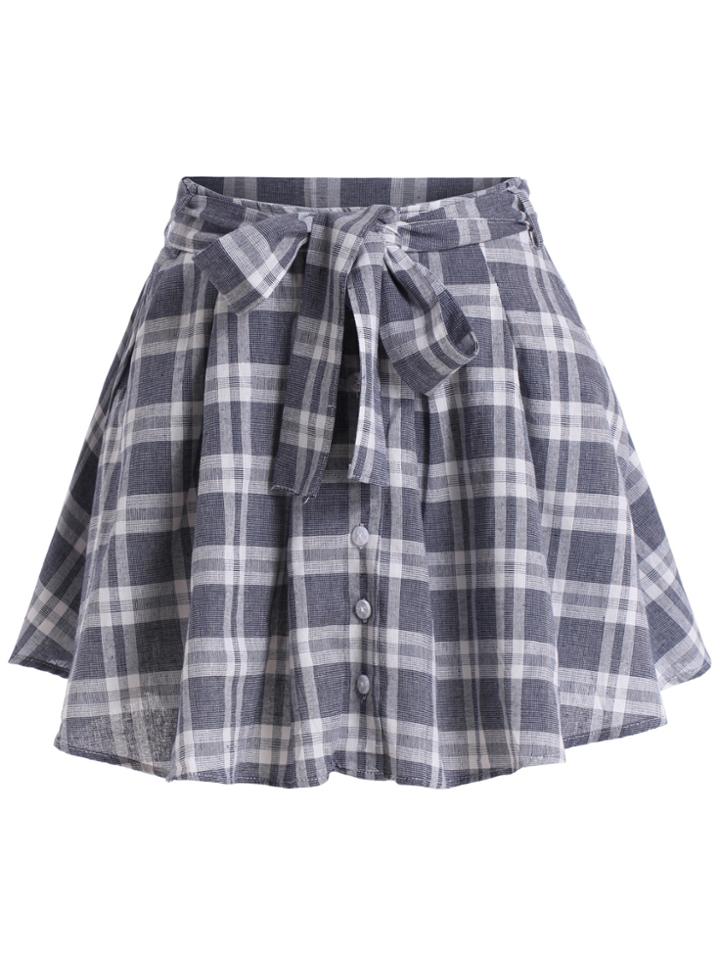 Romwe Single-breasted Plaid Bow Skirt