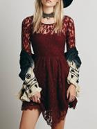 Romwe Round Neck Soluble Flowers Lace Wine Red Dress