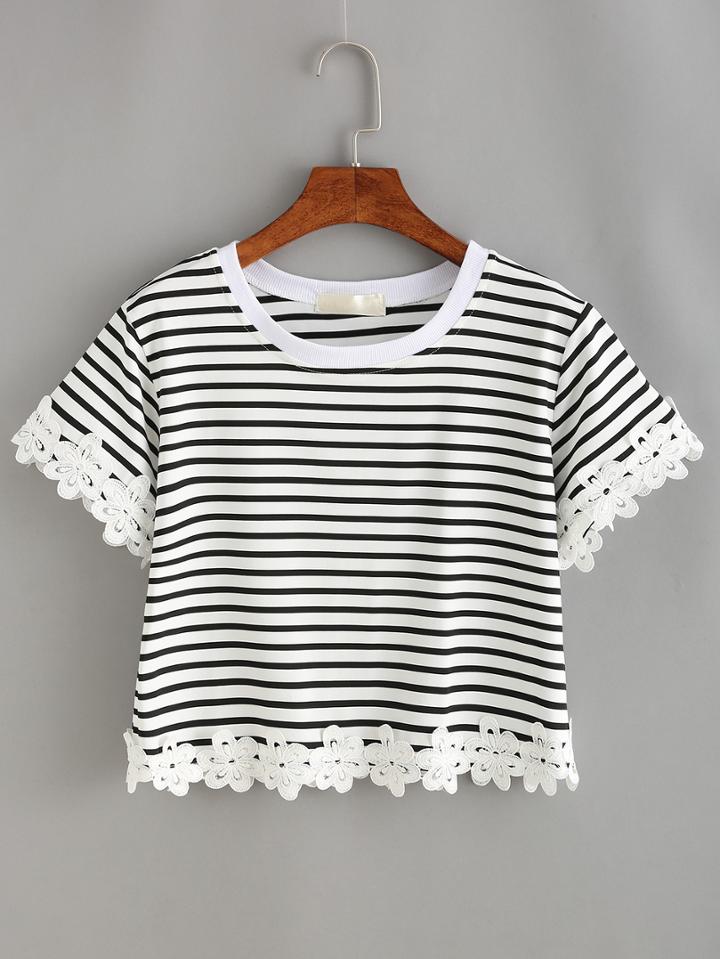 Romwe Striped Lace Trimmed Crop T-shirt