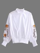 Romwe Embroidery Flower Lantern Sleeve Shirred Blouse