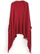 Romwe Open Front Tassel Pockets Cape Wine Red Coat