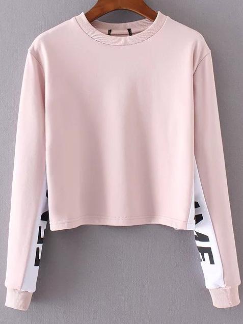 Romwe Pink Color Block Crew Neck Sweatshirt