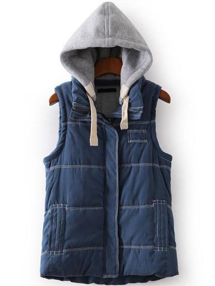 Romwe Women Contrast Hooded Zipper Blue Vest