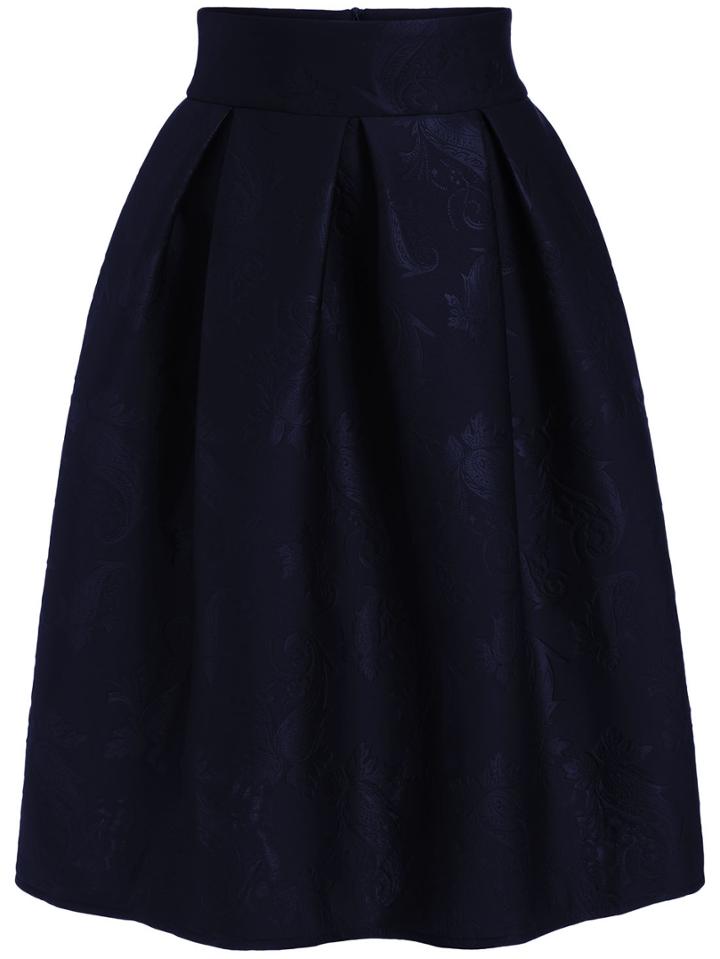 Romwe Jacquard Flare Midi Navy Skirt
