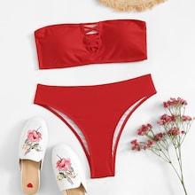 Romwe Strappy Front Bandeau Plain Bikini Set
