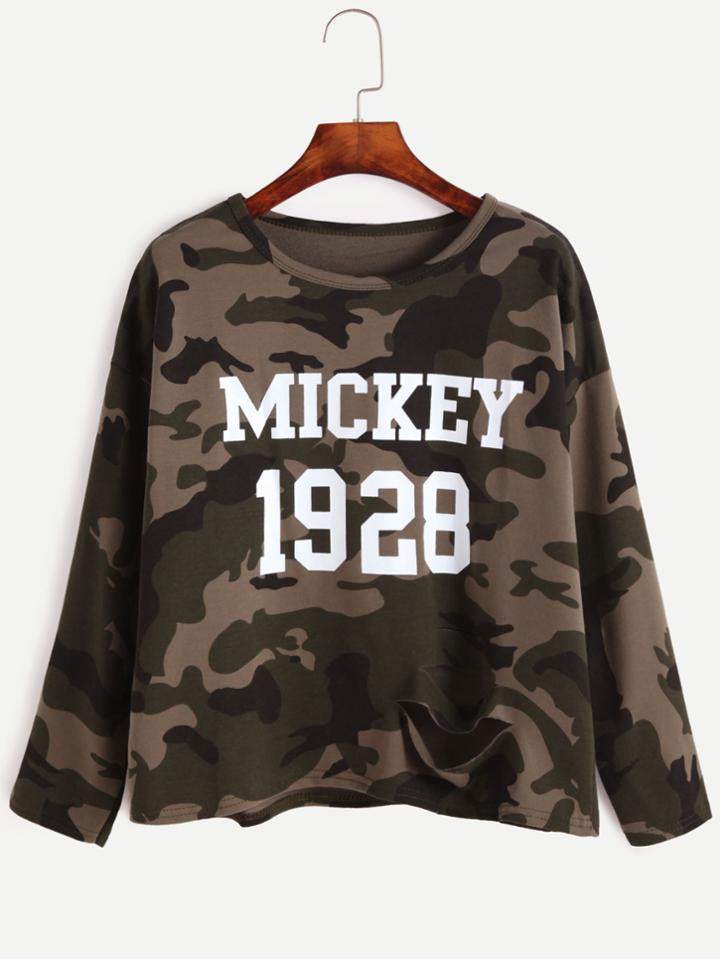 Romwe Camo Number Print Drop Shoulder Ripped T-shirt