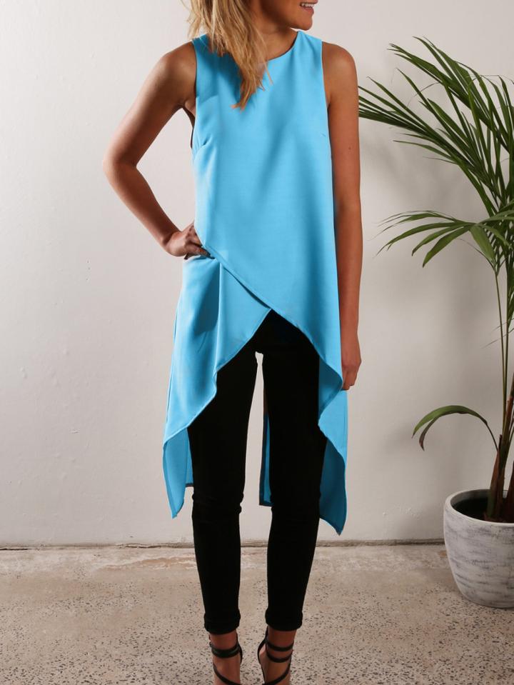 Romwe Cross Wrap Asymmetric Chiffon Tank Top - Blue