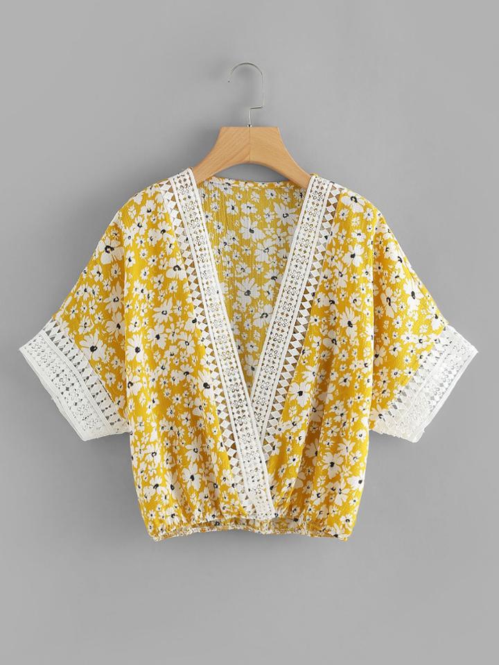 Romwe Lace Trim Floral Print Blouse