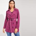 Romwe Double Breasted Belted Corduroy Trench Coat