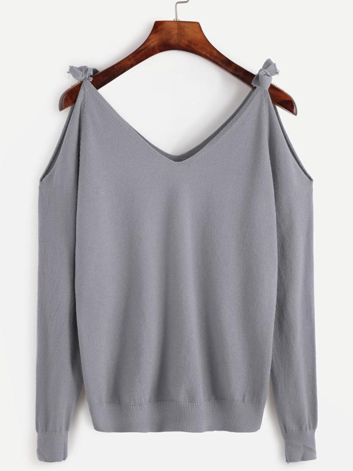 Romwe Grey Open Shoulder Jersey Sweater