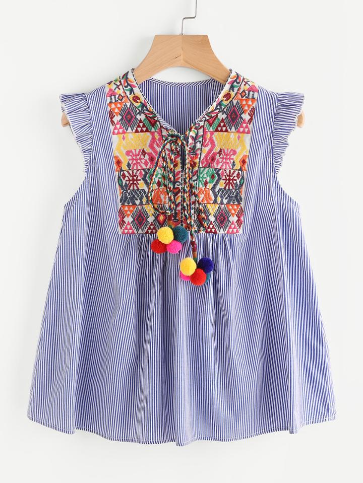 Romwe Pom Pom Tie Neck Embroidered Yoke Blouse