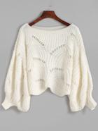 Romwe White Lantern Sleeve Eyelet Sweater