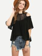 Romwe Open Shoulder Lace Neck Pleated Blouse - Black