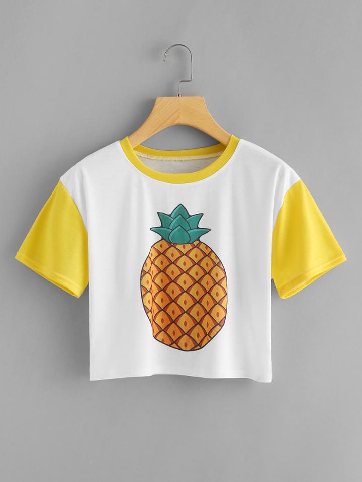 Romwe Pineapple Print Contrast Sleeve Tee