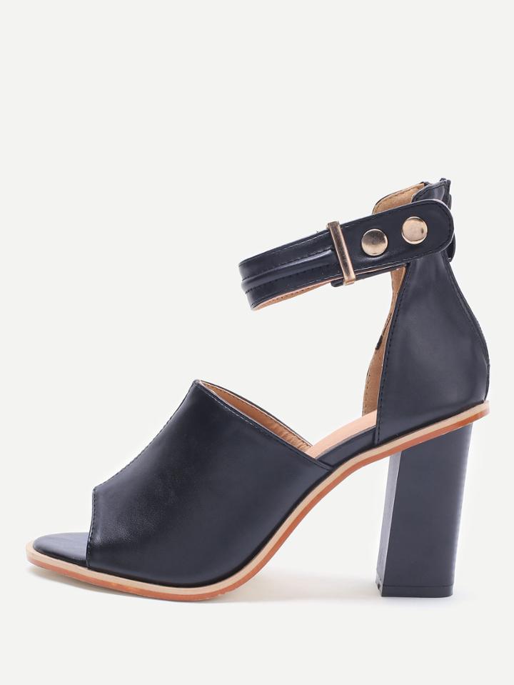 Romwe Black Peep Toe Ankle Strap Pu Chunky High Heels