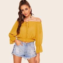 Romwe Tied Bardot Swiss Dot Crop Top