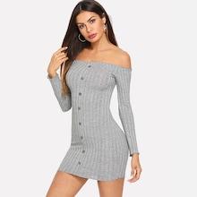 Romwe Off Shoulder Single Breasted Sweater Dress