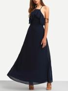 Romwe Navy Halter Lace Up Back Ruffle Maxi Dress