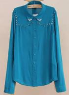 Romwe Blue Lapel Long Sleeve Rivet Blouse