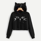 Romwe Cat Print Hooded Sweatshirt