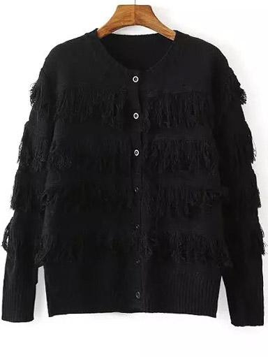 Romwe Round Neck Tassel Button-down Black Cardigan