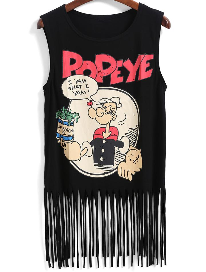 Romwe 38/48cm Print With Tassel Black Tank Top