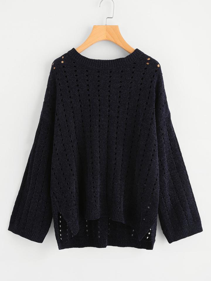 Romwe Stepped Hem Eyelet Marled Knit Sweater