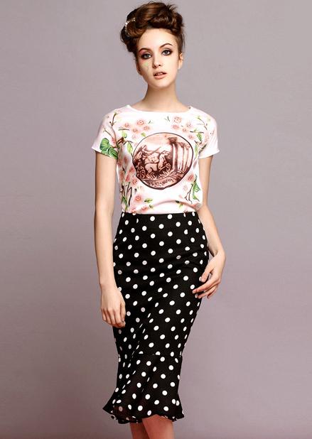 Romwe White Vintage Floral Top With Black Polka Dot Skirt