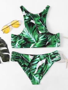 Romwe Leaf Print Ladder Cutout Racer Back Tankini