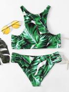 Romwe Leaf Print Ladder Cutout Racer Back Tankini