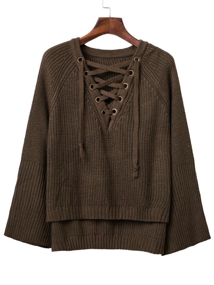 Romwe Army Green V Neck Lace Up Raglan Sleeve Sweater