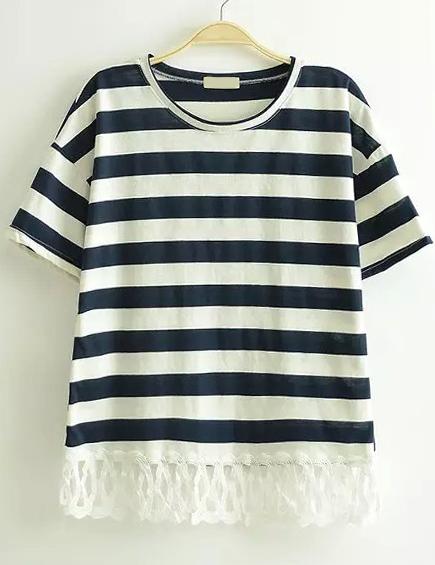 Romwe Contrast Lace Hem Hollow Striped Black T-shirt