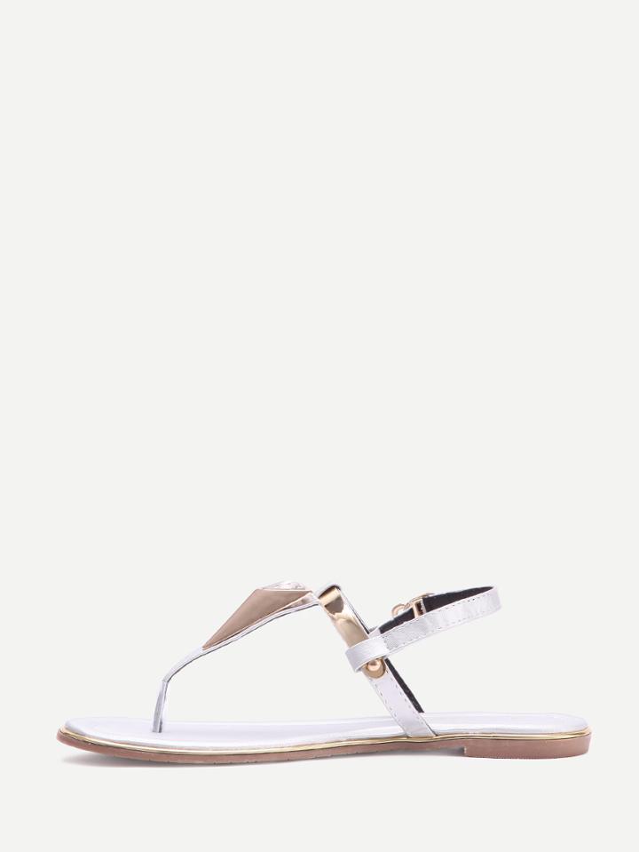 Romwe Silver T-strap Studded Sandals