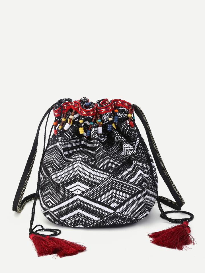 Romwe Beaded Detail Tassel Drawstring Backpack
