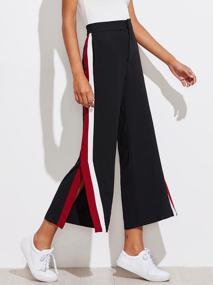 Romwe Color Block Tape Side Slit Pants