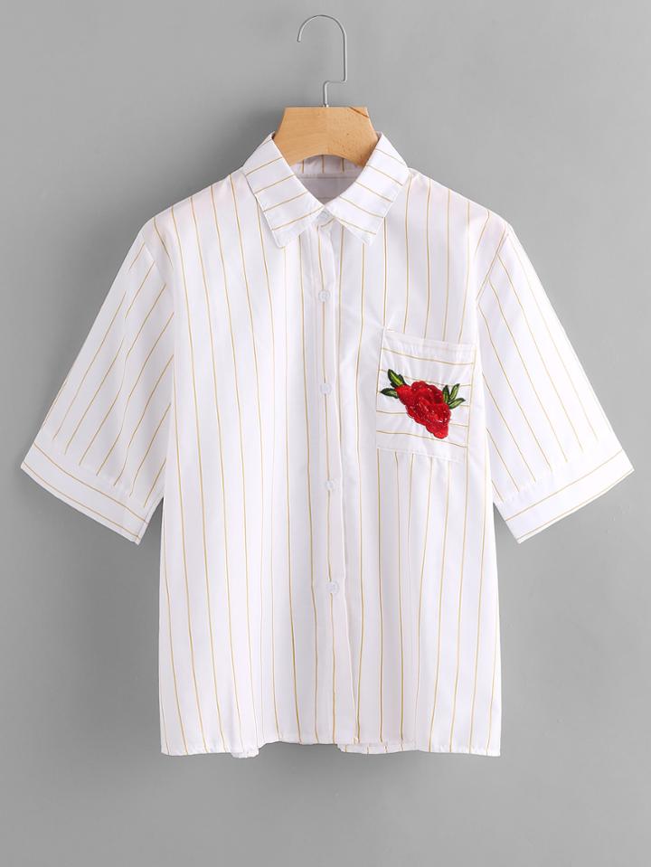 Romwe Rose Embroidered Stripe Shirt With Chest Pocket