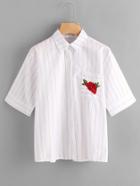 Romwe Rose Embroidered Stripe Shirt With Chest Pocket