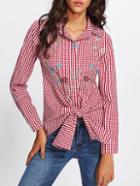Romwe Tie Front Flower Embroidered Gingham Blouse