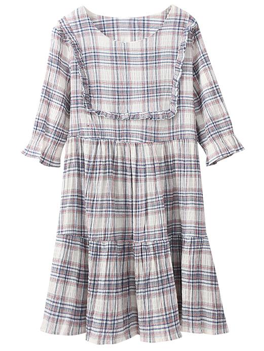 Romwe Blue Red Half Sleeve Ruffle Cotton Hemp Plaids Dress