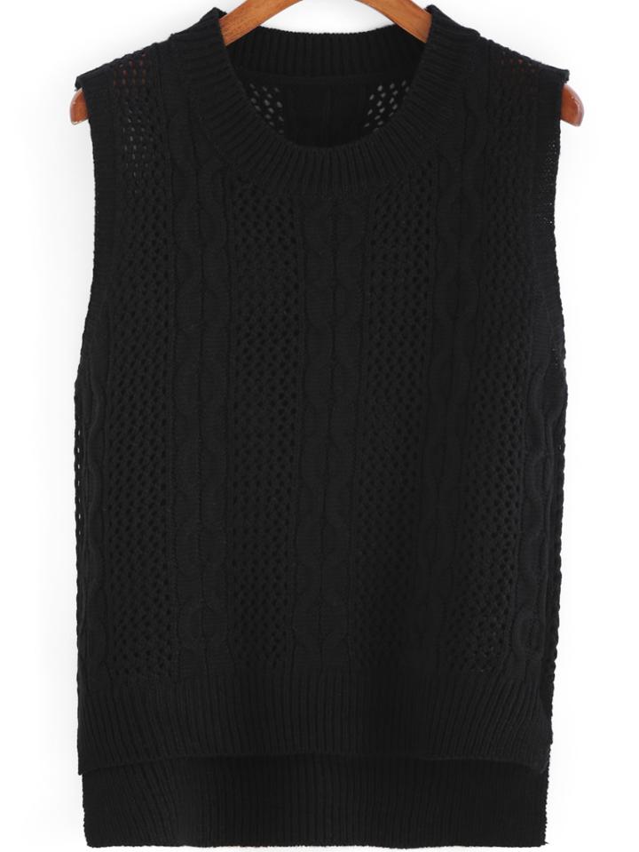 Romwe Round Neck Dip Hem Knit Black Sweater