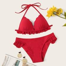 Romwe Scalloped Halter Top With Ruffle Trim Bikini Set