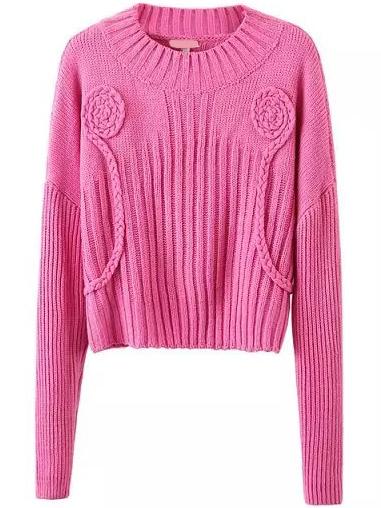 Romwe Round Neck Crochet Rose Red Sweater