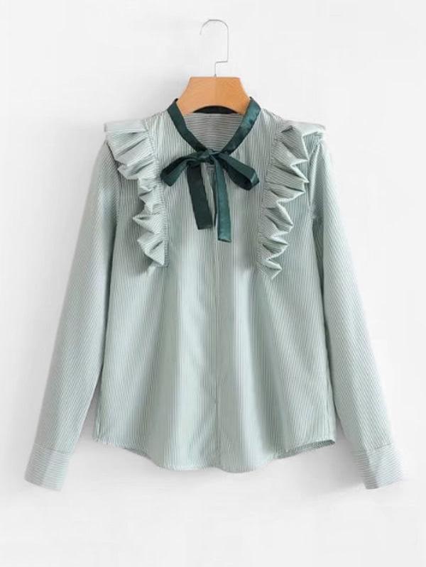 Romwe Frill Insert Tie Neck Striped Blouse