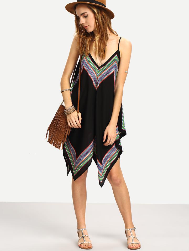 Romwe Tribal Print Asymmetric Cami Dress - Black